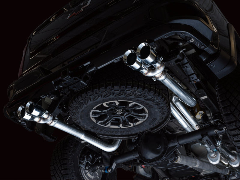 AWE Tuning 3015-42284 AWE Tuning 22-23 GMC Sierra 1500 AT4X 6.2L 0FG Catback Split Dual (Flat Bumper) - Chrome Silver Tips
