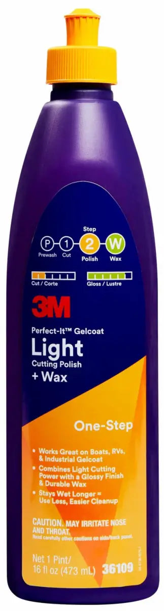 Purple bottle with a yellow cap labeled "3M Perfect-It Gelcoat Light Cutting Polish + Wax" for adhesive and polishing needs on RV, automotive, marine, and powersports projects, 16 fl oz., AVADA - Best Sellers