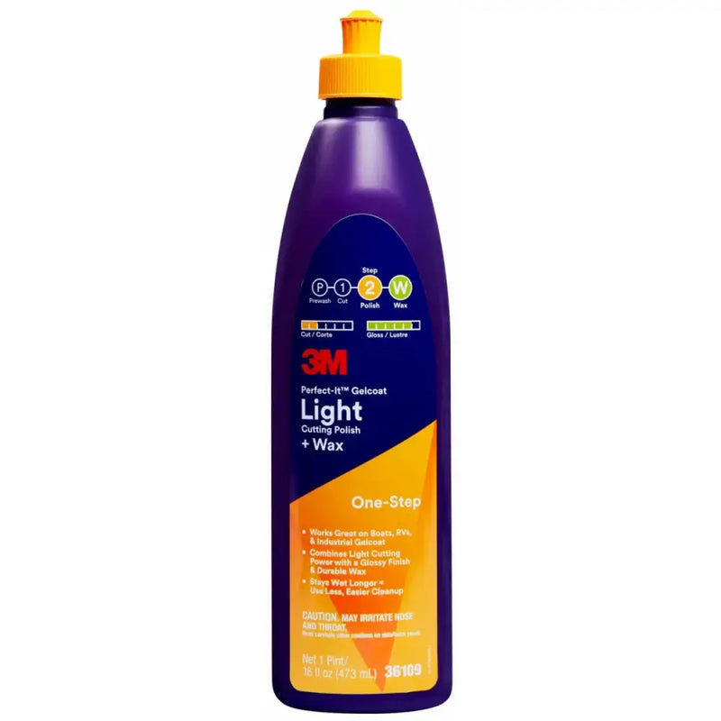 Purple bottle with a yellow cap labeled "3M Perfect-It Gelcoat Light Cutting Polish + Wax" for adhesive and polishing needs on RV, automotive, marine, and powersports projects, 16 fl oz., AVADA - Best Sellers