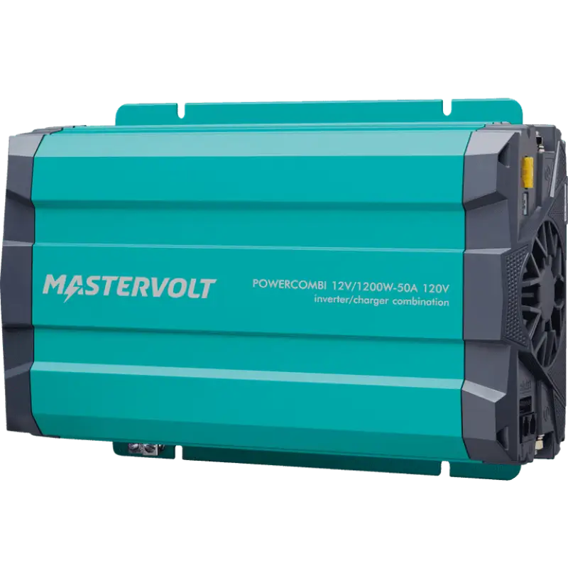Teal and gray Mastervolt Powercombi inverter/charger for reliable power and wide voltage