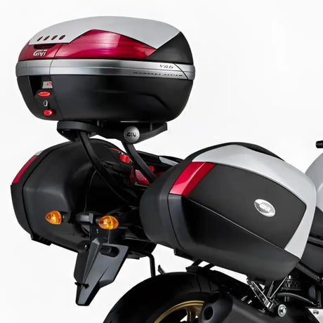 Motorcycle luggage system with top case and side panniers using 366FZ Top Case Hardware in matte black for hard luggage mounting