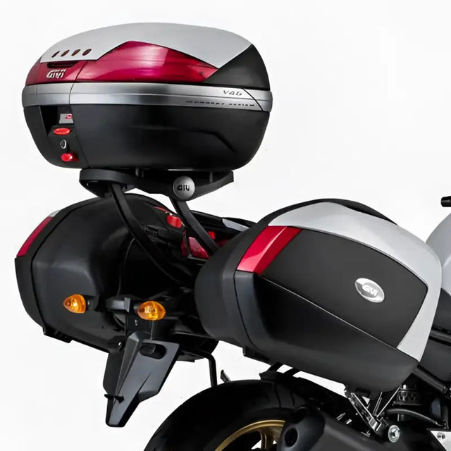 Motorcycle luggage system with top case and side panniers using 366FZ Top Case Hardware in matte black for hard luggage mounting