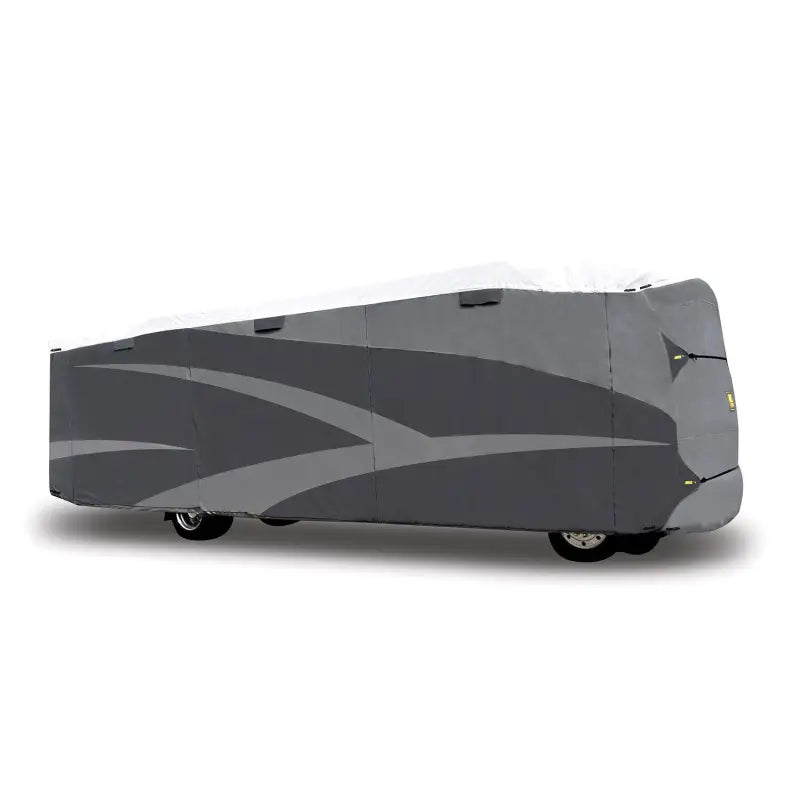 Gray RV cover made with Adco Wind Olefin for Class A motorhomes 28’1’’-31’