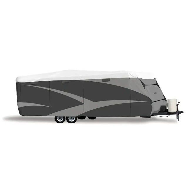 Gray and white patterned travel trailer with Adco Wind Olefin HD Trlr Cover 34’1’’-37’’
