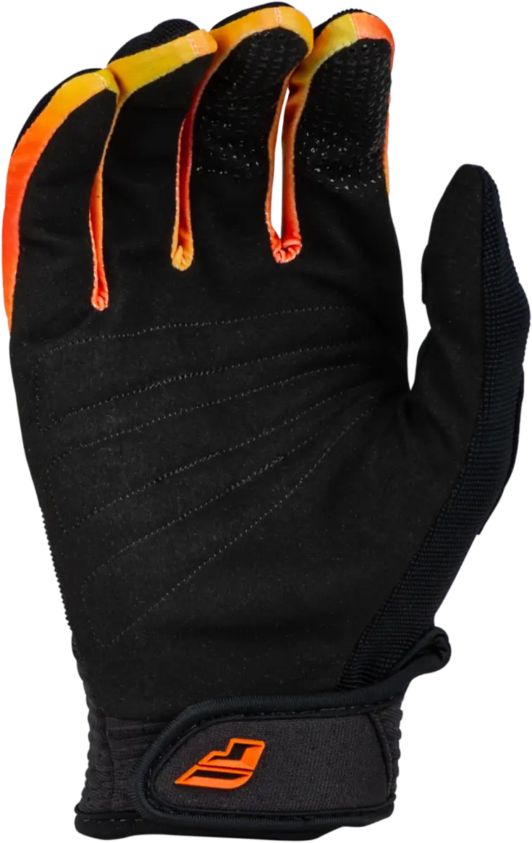 Youth F 16 Gloves in Black, Yellow, and Orange by 377-211Y2XS; designed for all-around performance with four-way stretch neoprene cuff, durable lightly padded palm, and secure adjustable wrist closure.