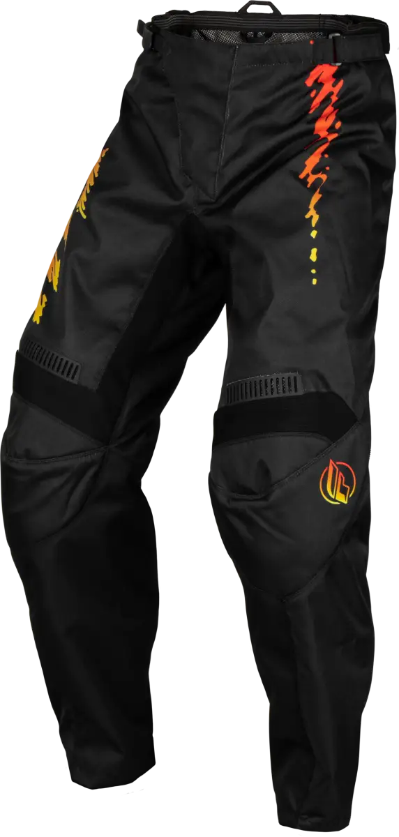 Black and yellow youth F16 pants, featuring red-orange graphic accents, mesh comfort liner, multi-directional stretch ribbing, and YKK® main zipper for durability. Ideal for off-road adventures and powersports. Powersports, Pants, AVADA - Best Sellers