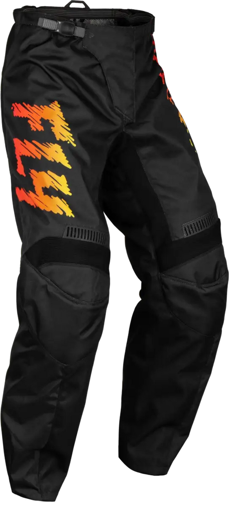 Youth F-16 Pants in Black/Yellow/Orange, size 24, featuring mesh comfort liner, multi-directional stretch ribbing, low profile stretch leg cuffs, 600D polyester, YKK® main zipper, soft-flex protective rubber details, ergonomically pre-shaped knee, adjustable ratcheting closure and waist belt, standard fit, ideal for RV, automotive, powersports, off-road, marine, truck accessories, Powersports, Pants, AVADA - Best Sellers
