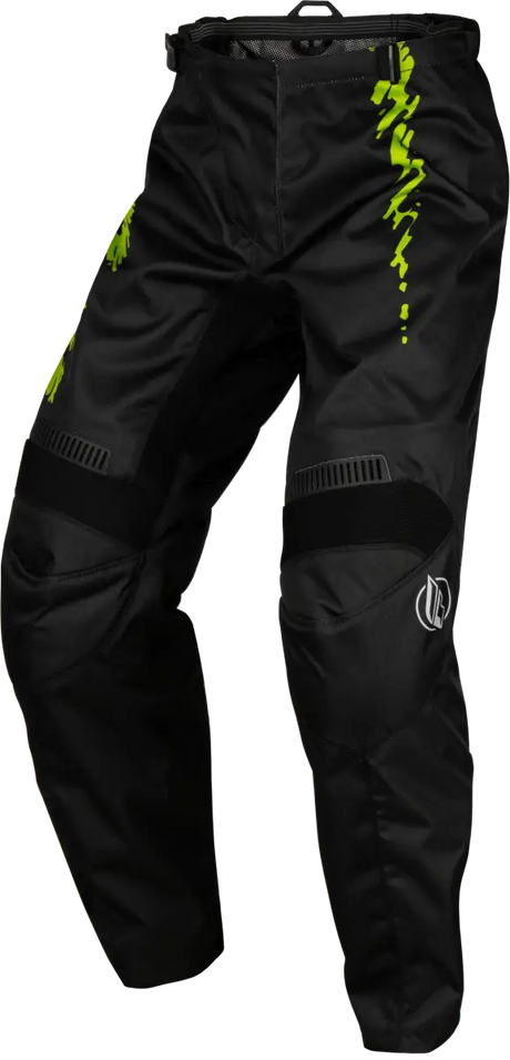 Black pants with neon green and light grey accents, featuring mesh comfort liner, multi-directional stretch ribbing, low profile stretch leg cuffs, 600D polyester strength, YKK® main zipper, soft-flex protective rubber details, ergonomically pre-shaped knee, ratcheting closure, and waist belt for adjustability, Powersports, Pants, AVADA - Best Sellers