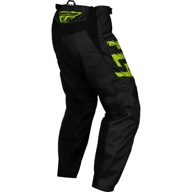 Black and neon green youth F-16 pants with a light grey accent, designed with mesh comfort liner, stretch ribbing, and ergonomic pre-shaped knee, ideal for RV, automotive, Powersports, off-road, and marine activities. Features durable 600D polyester and YKK® zipper, Powersports, Pants, AVADA - Best Sellers.