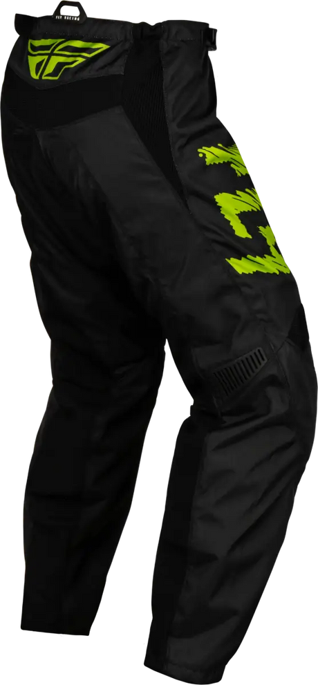 Black and neon green youth F-16 pants with a light grey accent, designed with mesh comfort liner, stretch ribbing, and ergonomic pre-shaped knee, ideal for RV, automotive, Powersports, off-road, and marine activities. Features durable 600D polyester and YKK® zipper, Powersports, Pants, AVADA - Best Sellers.