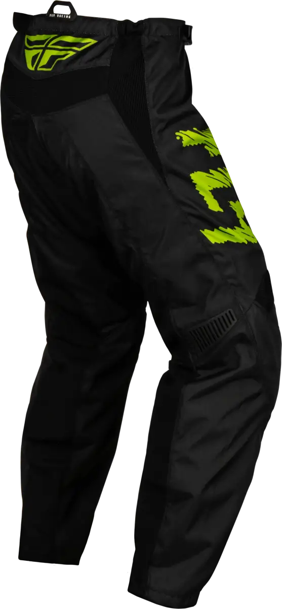 Black and neon green youth F-16 pants with a light grey accent, designed with mesh comfort liner, stretch ribbing, and ergonomic pre-shaped knee, ideal for RV, automotive, Powersports, off-road, and marine activities. Features durable 600D polyester and YKK® zipper, Powersports, Pants, AVADA - Best Sellers.