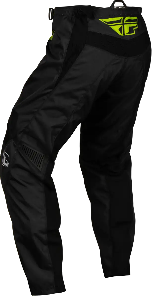 Black youth F-16 pants with neon green and light grey accents, featuring a mesh comfort liner, multi-directional stretch ribbing, low profile stretch leg cuffs, 600D polyester fabric, YKK® main zipper, soft-flex protective rubber details, ergonomic knee design, ratcheting closure, and adjustable waist belt, perfect for RV, automotive, Powersports, off-road, marine, exterior, truck accessories, interior, truck bed, RV parts, Powersports, Pants, AVADA - Best Sellers.