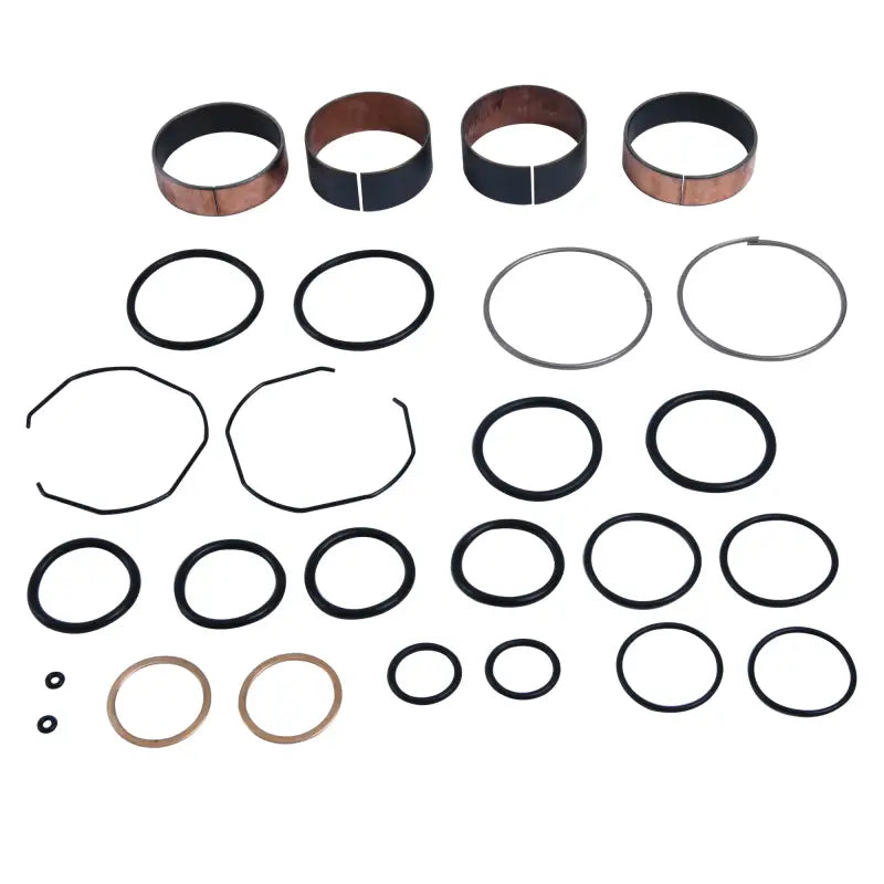 Automotive fork bushing kit with seals, bushings, and rings for repairs