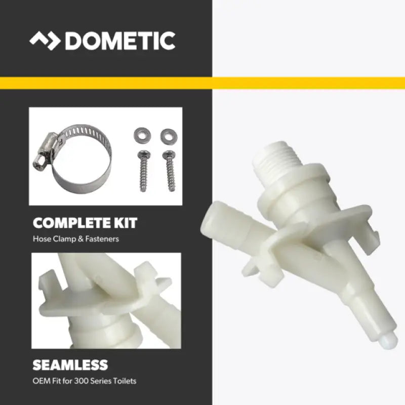 Dometic 385311641 Toilet Water Valve Module with mounting hardware, compatible with 301/310/300 Model Pedal Flush Toilets, shown in complete kit with seamless design.