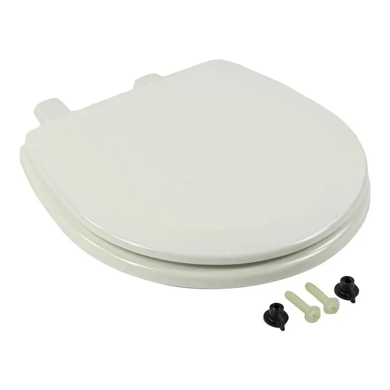 Off-white Dometic toilet seat with smooth surface, lid and hardware