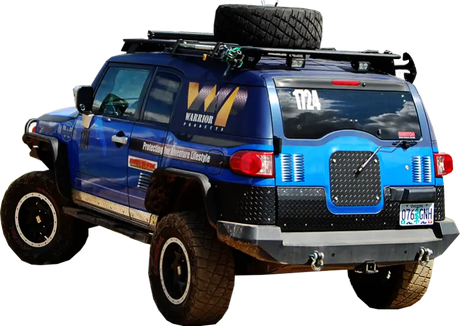 Blue off-road vehicle with roof rack on Warrior Prod Rack for tough adventures