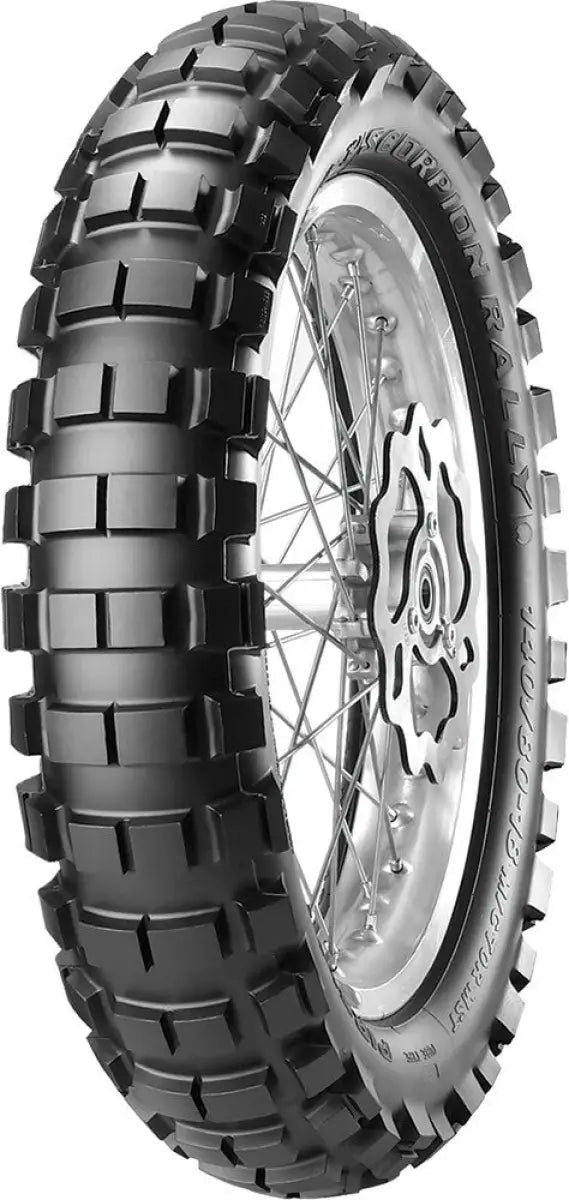 Knobby off-road motorcycle tire with spoked wheel and disc brake, Pirelli Scorpion Rally rear