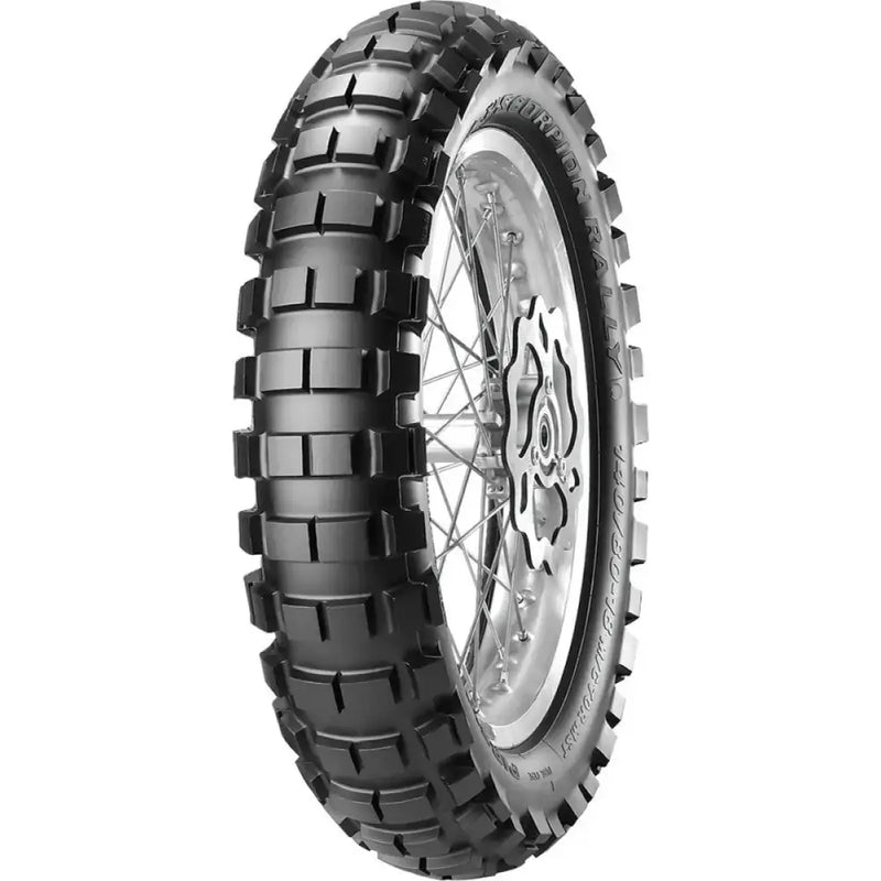 Knobby off-road motorcycle tire with spoked wheel and disc brake, Pirelli Scorpion Rally rear