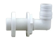 White plastic through-hull fitting with elbow for marine electrical and Attwood Marine scupper connector