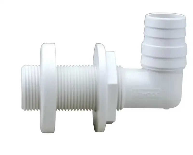 White plastic through-hull fitting with elbow for marine electrical and Attwood Marine scupper connector