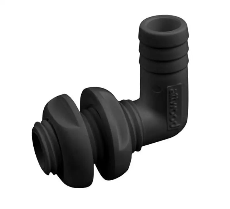 Black plastic elbow fitting with ribbed ends for trolling motor controller connectio