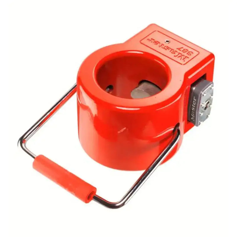 Red lockout device with handle for 388KA Masterlock Keyed Alike King Pin Lock