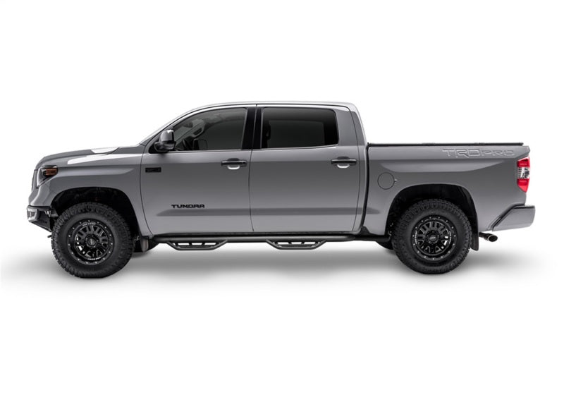 Keystone HPG1583CC-TX Nerf Bar With Drop Down Steps; 3 Inch Round Bent; Textured Powder Coated Matte Black Stainless Steel; Welded Vented End Caps; Rocker Panel Mount