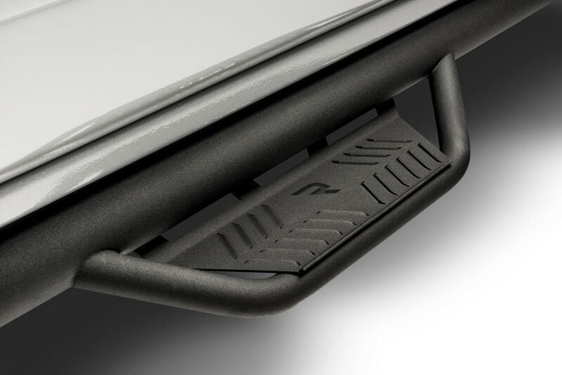 Keystone HPG1583CC-TX Nerf Bar With Drop Down Steps; 3 Inch Round Bent; Textured Powder Coated Matte Black Stainless Steel; Welded Vented End Caps; Rocker Panel Mount