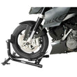 BikeMaster Universal Steel Roll-On Stand supporting a motorcycle front wheel for maintenance and storage.