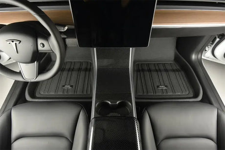 Tesla Model X interior with 3D Maxpider black floor mat set for protection