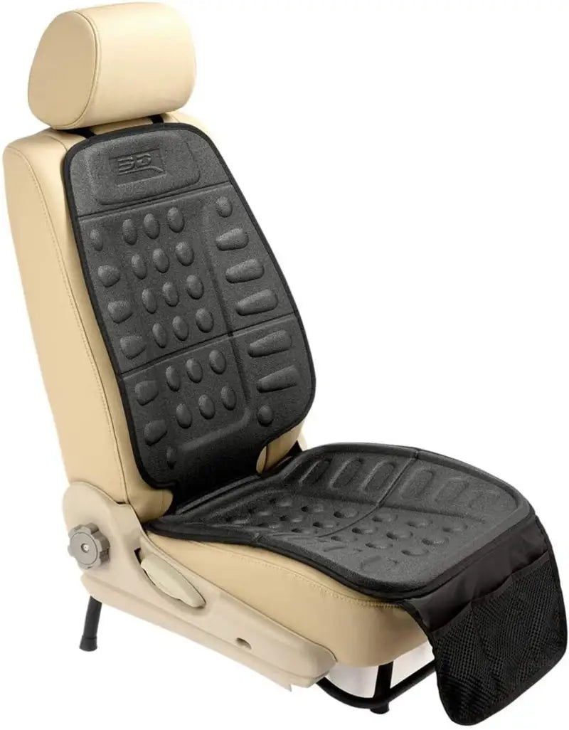 Beige car seat with black massage cushion.