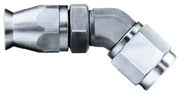 Silver 45-degree stainless steel elbow with TFE coating for durable hose fitting