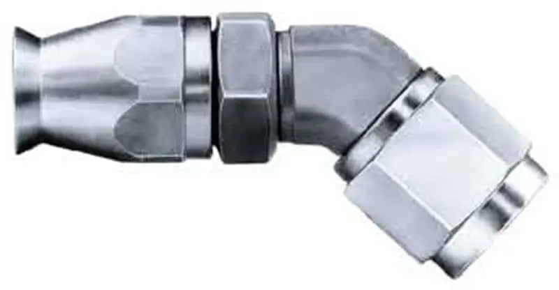 Silver 45-degree stainless steel elbow with TFE coating for durable hose fitting