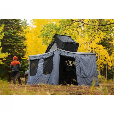 Gray vehicle-mounted tent as part of Freespirit 270 Awning Room Annex Room Kit