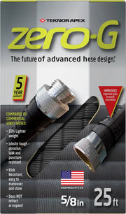 Teknor Apex Zero-G 5/8 25 Foot hose packaging, highlighting its lightweight, kink resistance, and durability with improved ergonomic grips and a 5-year warranty.