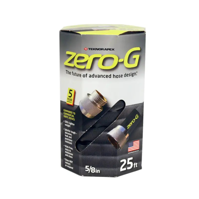 4001-25 Teknor Apex Zero G 5/8 25 Foot garden hose in innovative packaging showcasing flexibility, lightweight design, and kink resistance.
