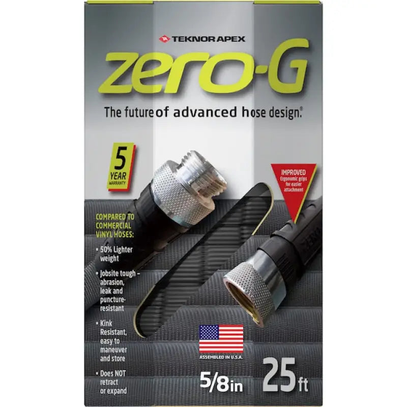 Teknor Apex Zero-G 5/8 25 Foot Garden Hose Packaging Featuring Zero-G Technology, Abrasion-Resistant, Lightweight Design, and 5-Year Warranty
