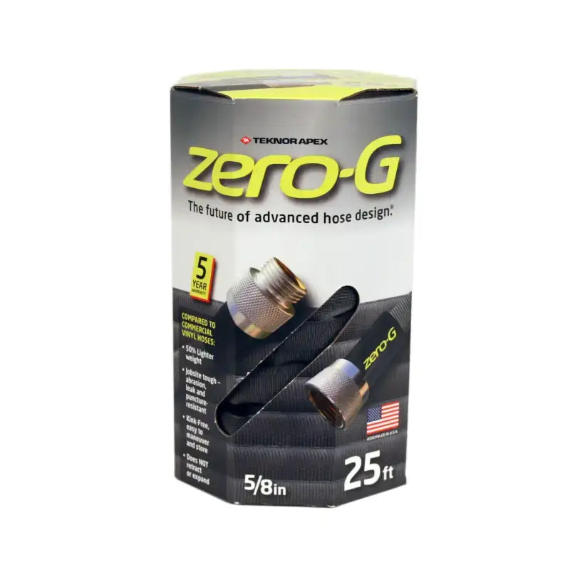 4001-25 Teknor Apex Zero G 5/8 25 Foot garden hose in innovative packaging showcasing flexibility, lightweight design, and kink resistance.