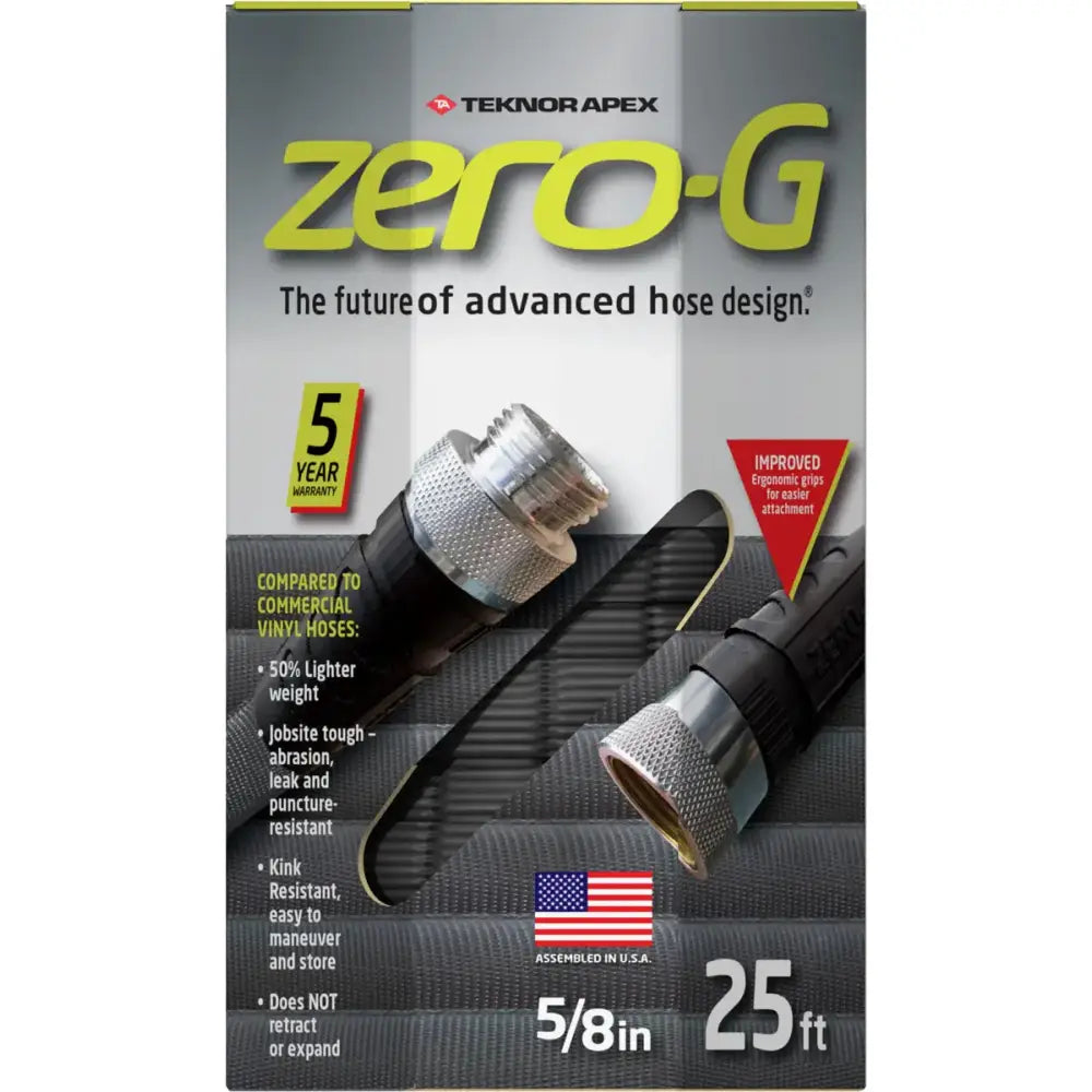Teknor Apex Zero-G 5/8 25 Foot hose packaging, highlighting its lightweight, kink resistance, and durability with improved ergonomic grips and a 5-year warranty.
