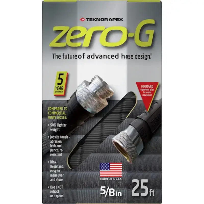 Teknor Apex Zero-G 5/8 25 Foot Garden Hose Packaging Featuring Zero-G Technology, Abrasion-Resistant, Lightweight Design, and 5-Year Warranty