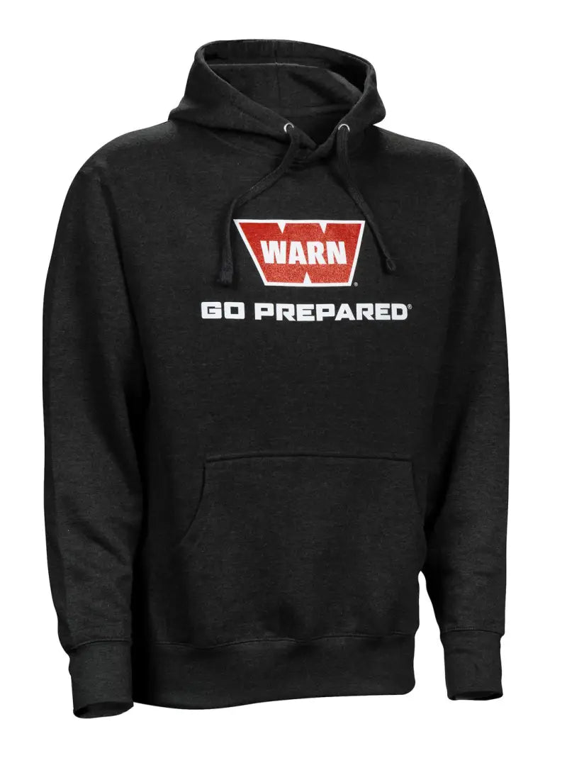 40756 Warn M-Hood-B1-Large hoodie in black, featuring a red and white Warn logo with the text "Go Prepared."