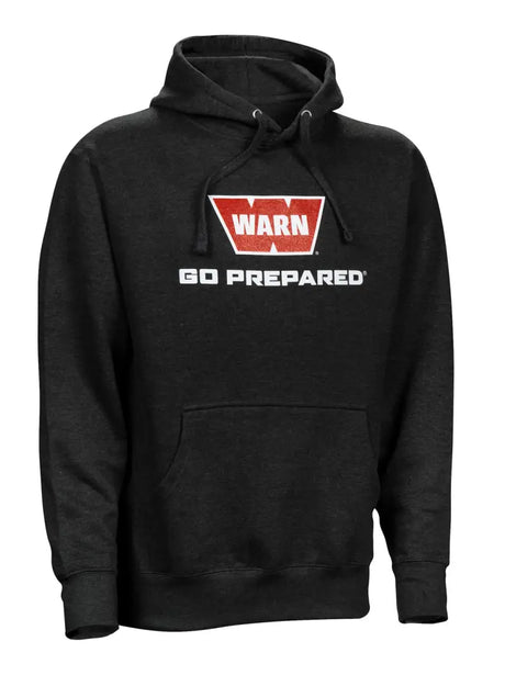 40756 Warn M-Hood-B1-Large hoodie in black, featuring a red and white Warn logo with the text "Go Prepared."