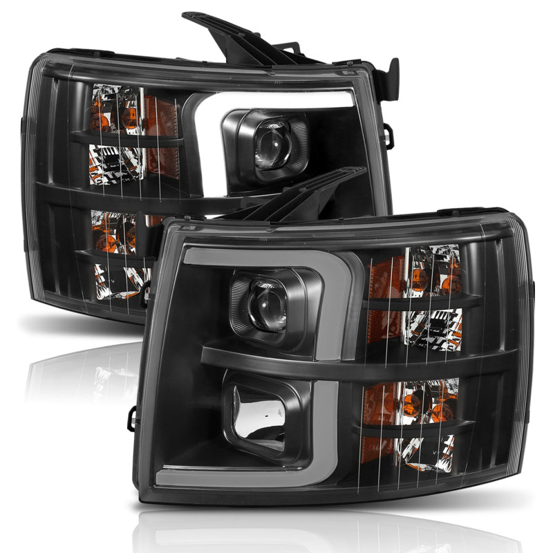 ANZO 111410 ANZO 07-13 Chevrolet Silverado 1500 Plank Style Projector Headlights Black w/ Amber