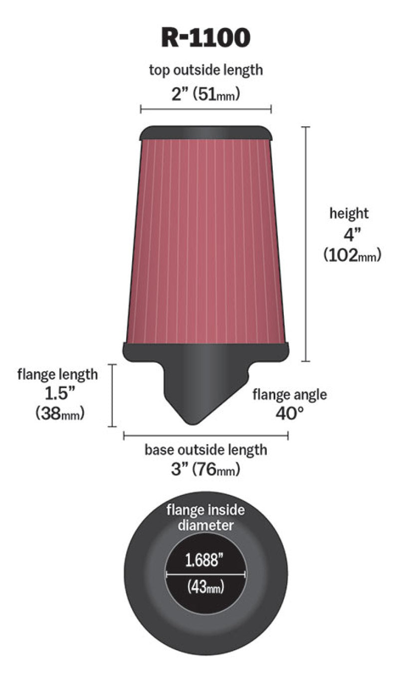 K&N Engineering R-1100 K&N Universal Rubber Filter Round Tapered 3in Base OD x 2in Top OD x 4in H - 73-78 Honda ATC90