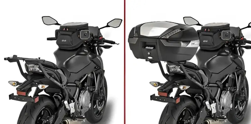 Motorcycle with matte black hard luggage mounting hardware and removable top case