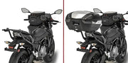 Motorcycle with matte black hard luggage mounting hardware and removable top case