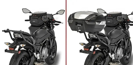 Motorcycle with matte black hard luggage mounting hardware and removable top case