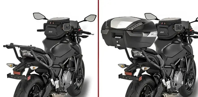 Motorcycle with matte black hard luggage mounting hardware and removable top case