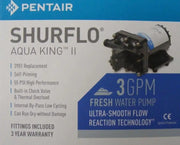 Shurflo 12 Vdc 3.0 Gpm 55 Psi Fittings I pump by Pentair for RV, agricultural, marine applications, self-priming, high performance with built-in check valve and thermal overload protection, 3 GPM fresh water pump featuring ultra-smooth flow reaction technology, 3-year warranty.