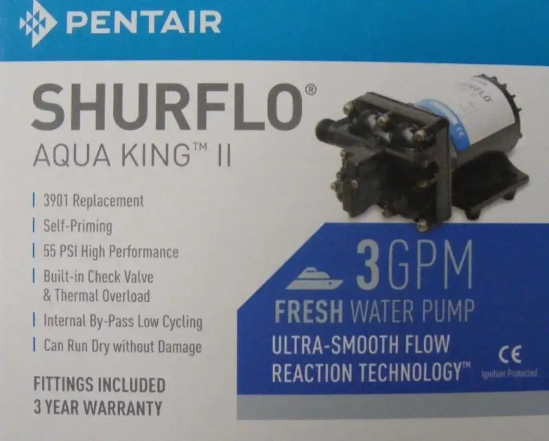 Shurflo 12 Vdc 3.0 Gpm 55 Psi Fittings I pump by Pentair for RV, agricultural, marine applications, self-priming, high performance with built-in check valve and thermal overload protection, 3 GPM fresh water pump featuring ultra-smooth flow reaction technology, 3-year warranty.